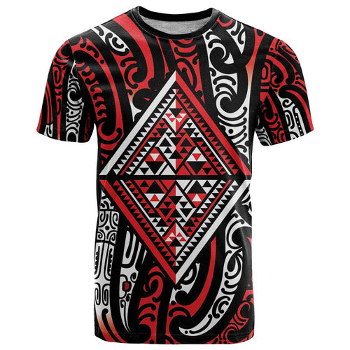 New Zealand Maori Taniko T Shirt Red Kowhaiwhai Puhoro