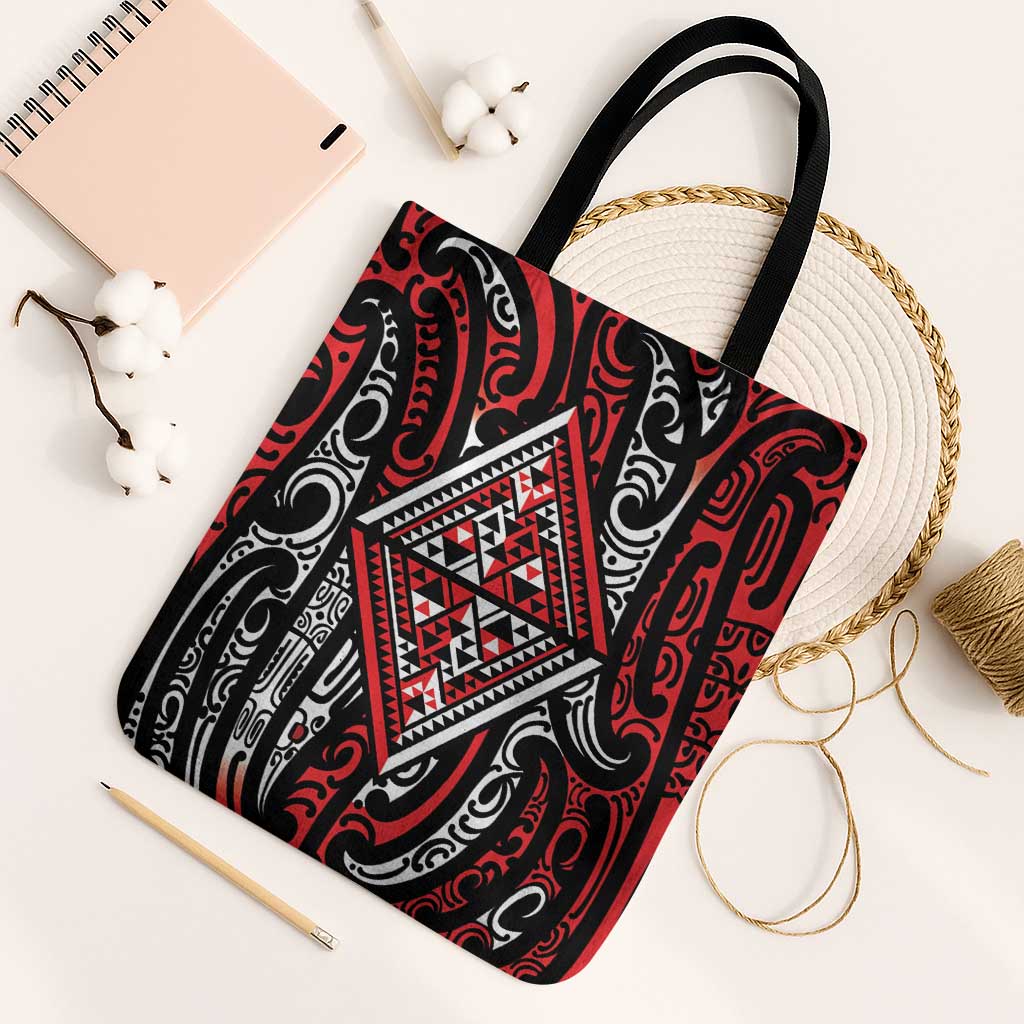 New Zealand Maori Taniko Tote Bag Red Kowhaiwhai Puhoro - Aussie Hoodie
