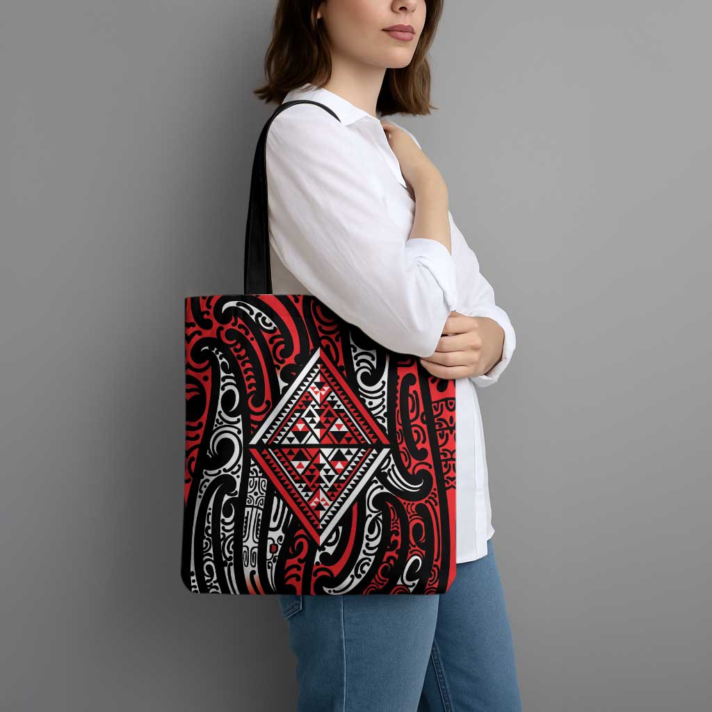 New Zealand Maori Taniko Tote Bag Red Kowhaiwhai Puhoro - Aussie Hoodie