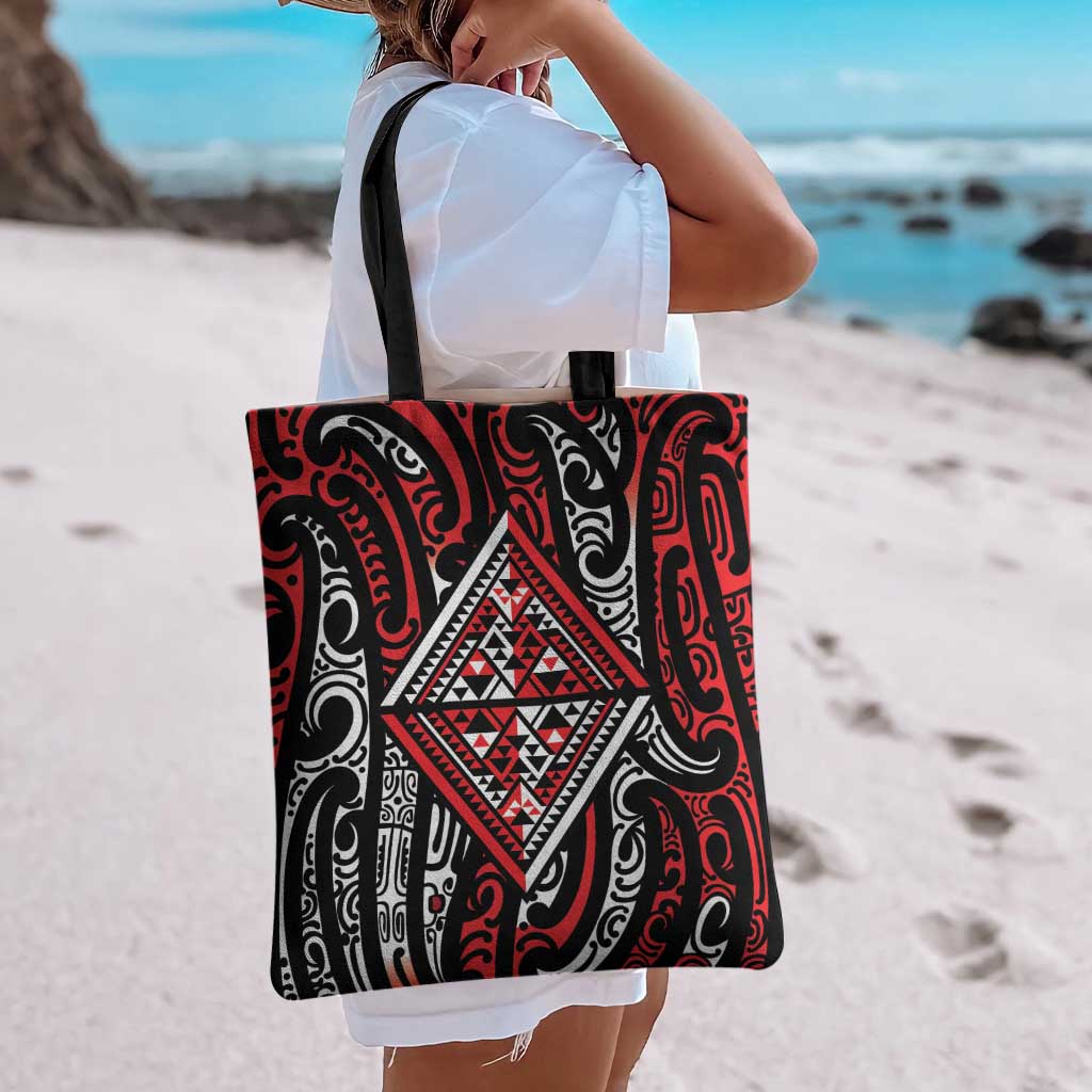 New Zealand Maori Taniko Tote Bag Red Kowhaiwhai Puhoro - Aussie Hoodie
