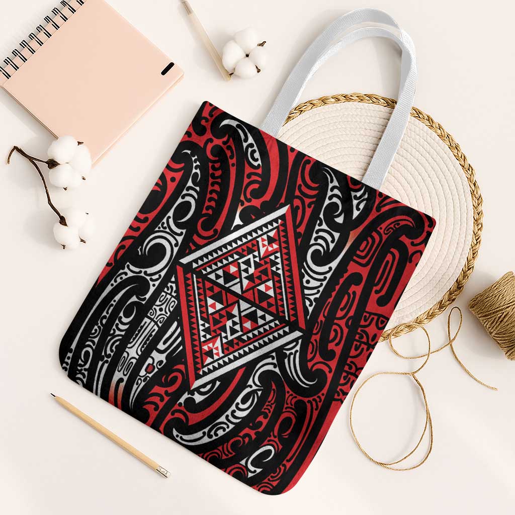 New Zealand Maori Taniko Tote Bag Red Kowhaiwhai Puhoro - Aussie Hoodie
