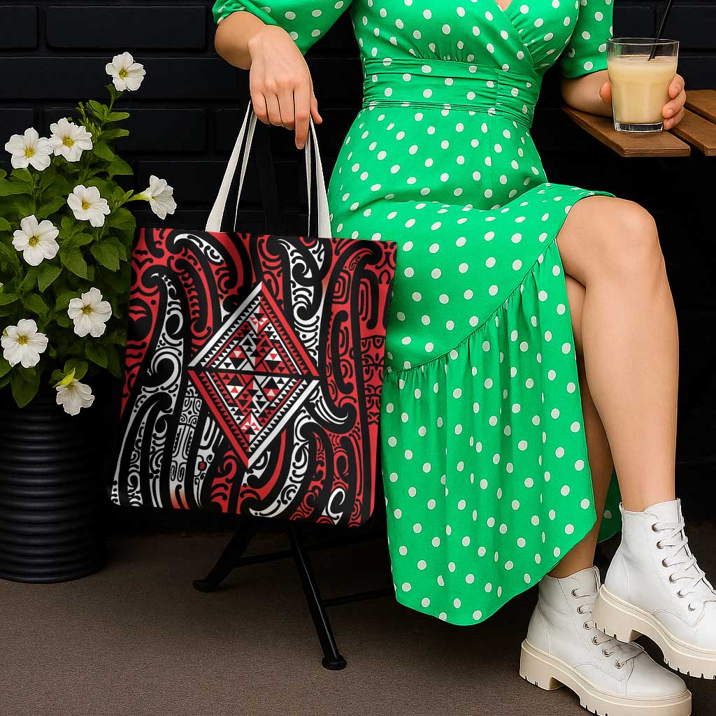 New Zealand Maori Taniko Tote Bag Red Kowhaiwhai Puhoro - Aussie Hoodie