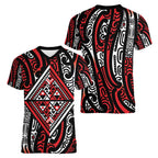 New Zealand Maori Taniko Women V-Neck T-Shirt Red Kowhaiwhai Puhoro