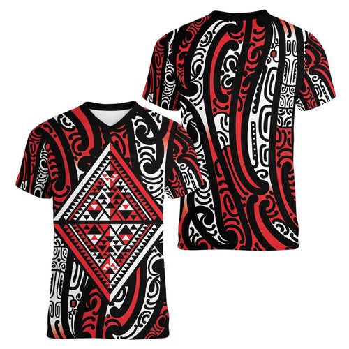 New Zealand Maori Taniko Women V-Neck T-Shirt Red Kowhaiwhai Puhoro