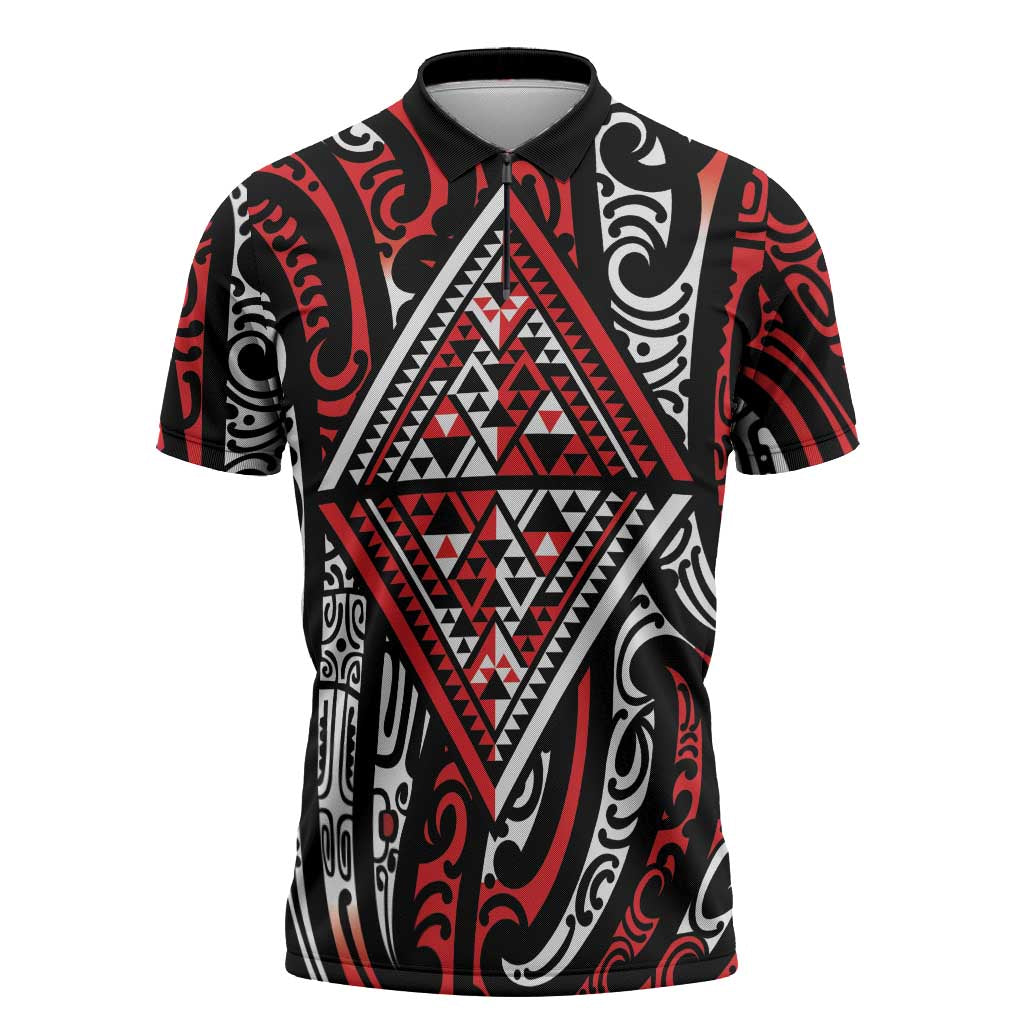 New Zealand Maori Taniko Zipper Polo Shirt Red Kowhaiwhai Puhoro - Aussie Hoodie