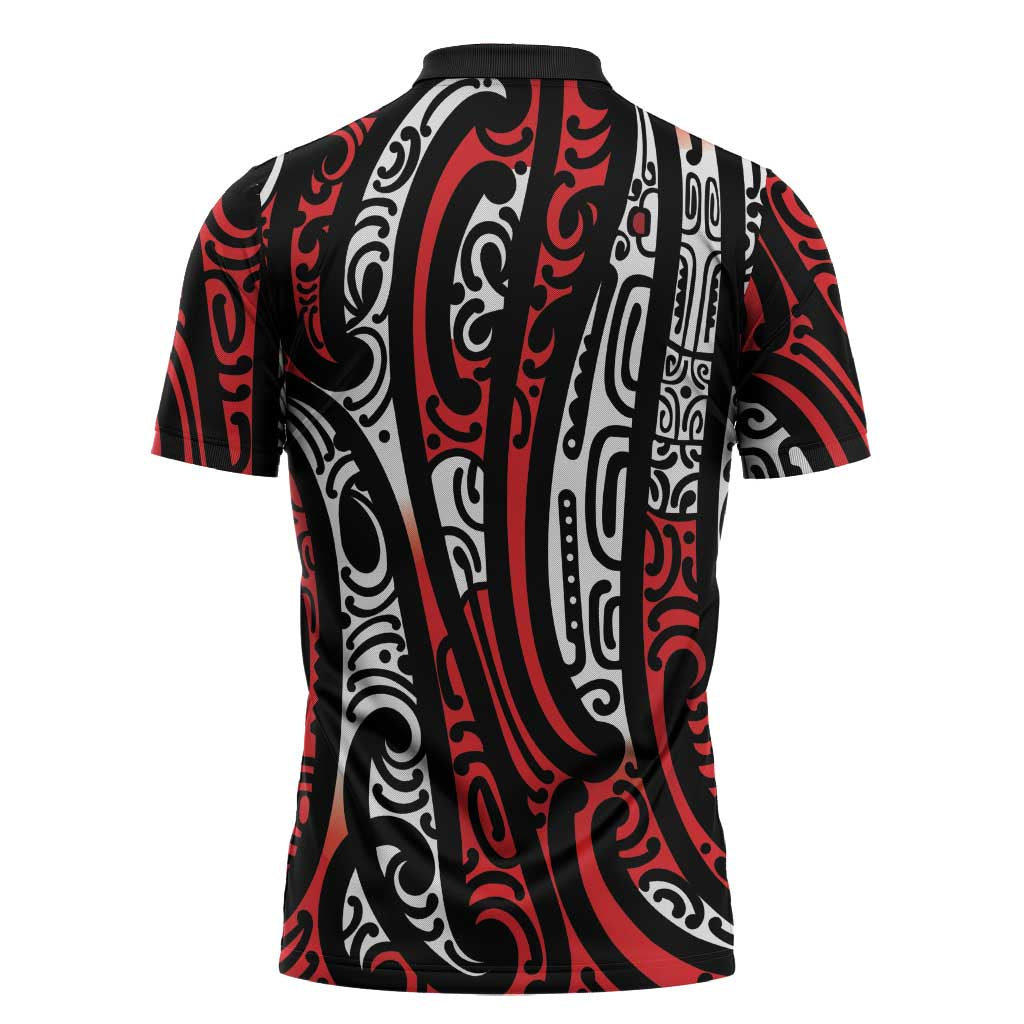 New Zealand Maori Taniko Zipper Polo Shirt Red Kowhaiwhai Puhoro - Aussie Hoodie