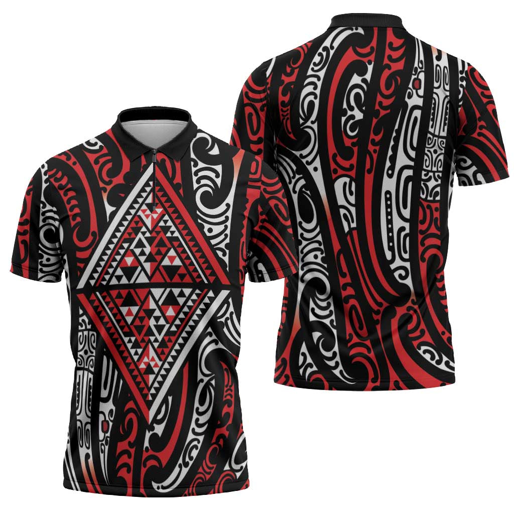 New Zealand Maori Taniko Zipper Polo Shirt Red Kowhaiwhai Puhoro - Aussie Hoodie