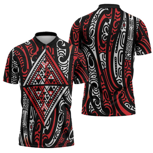 New Zealand Maori Taniko Zipper Polo Shirt Red Kowhaiwhai Puhoro - Aussie Hoodie