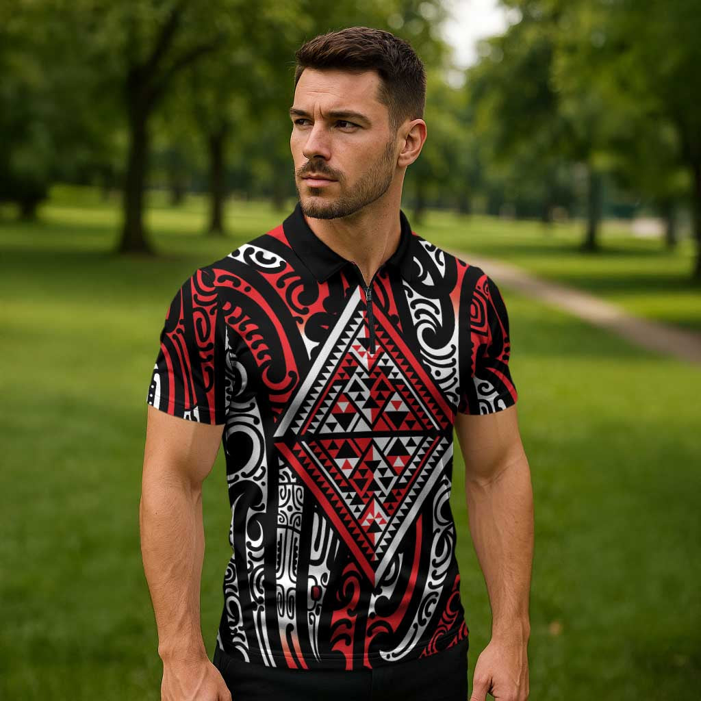 New Zealand Maori Taniko Zipper Polo Shirt Red Kowhaiwhai Puhoro - Aussie Hoodie