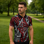 New Zealand Maori Taniko Zipper Polo Shirt Red Kowhaiwhai Puhoro - Aussie Hoodie