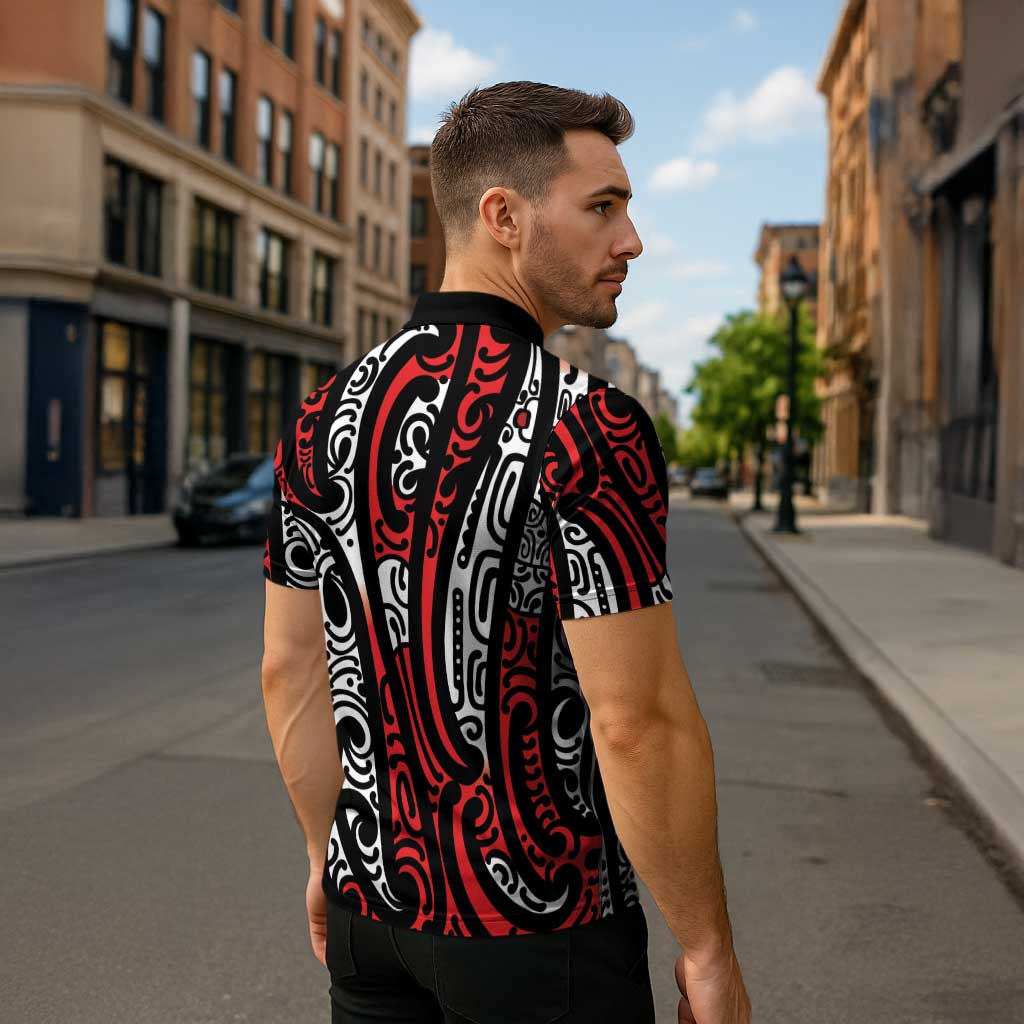 New Zealand Maori Taniko Zipper Polo Shirt Red Kowhaiwhai Puhoro - Aussie Hoodie