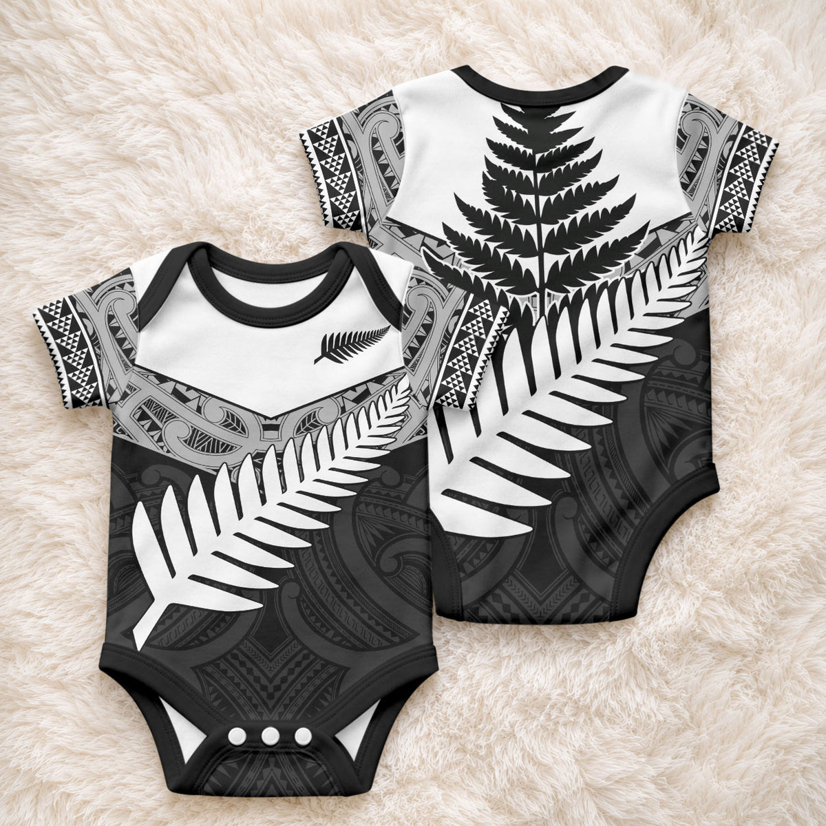 New Zealand Silver Fern Baby Onesie Maori Koru Mixed Taniko Pattern