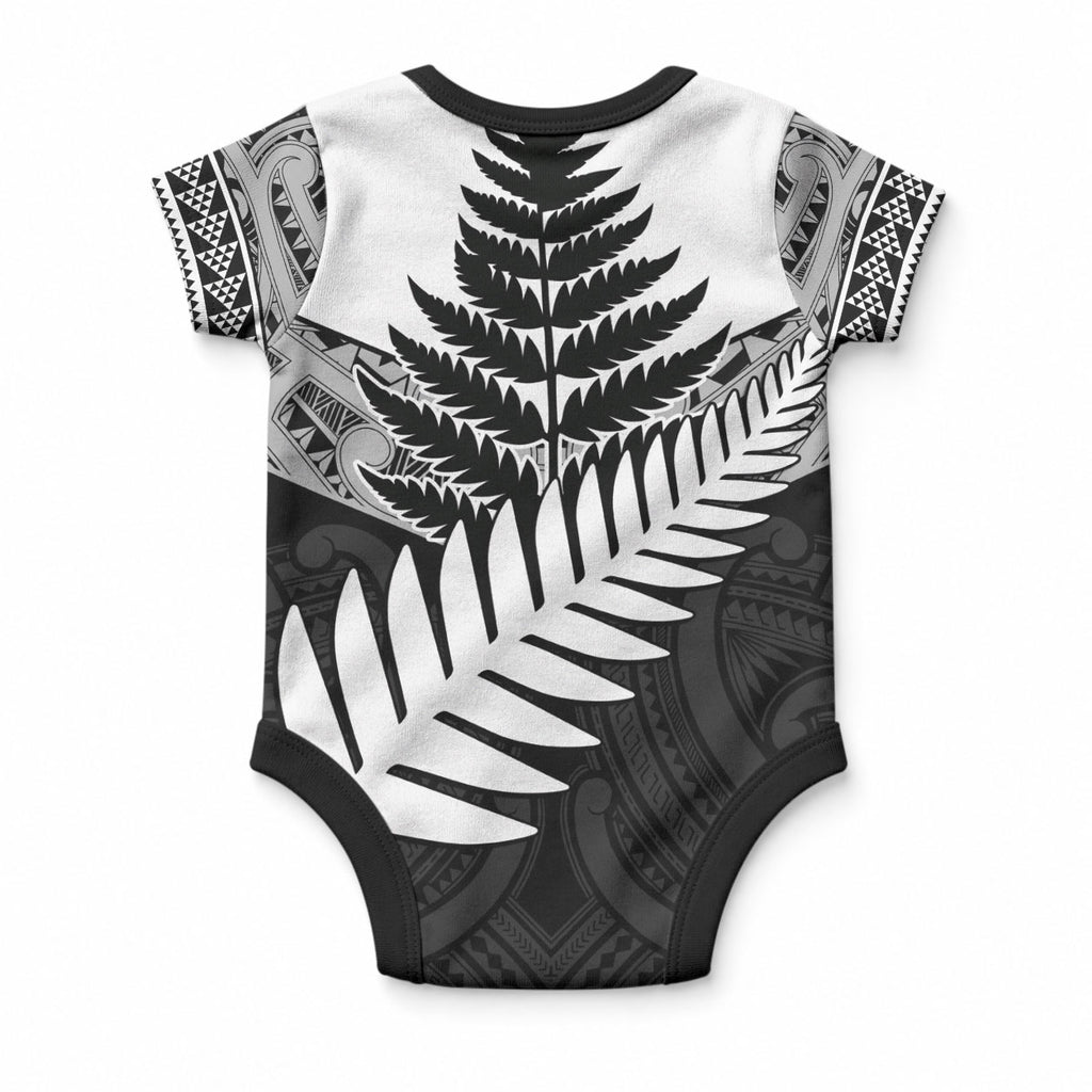 New Zealand Silver Fern Baby Onesie Maori Koru Mixed Taniko Pattern