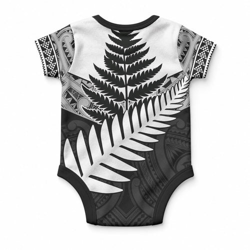 New Zealand Silver Fern Baby Onesie Maori Koru Mixed Taniko Pattern
