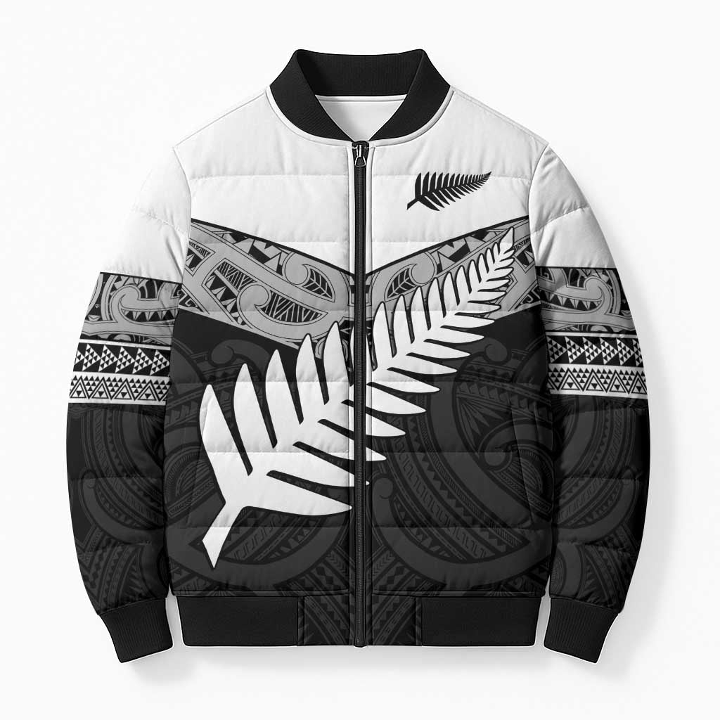 New Zealand Silver Fern Bomber Puffer Jacket Maori Koru Mixed Taniko Pattern - Aussie Hoodie