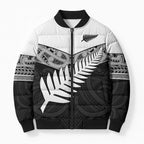 New Zealand Silver Fern Bomber Puffer Jacket Maori Koru Mixed Taniko Pattern - Aussie Hoodie