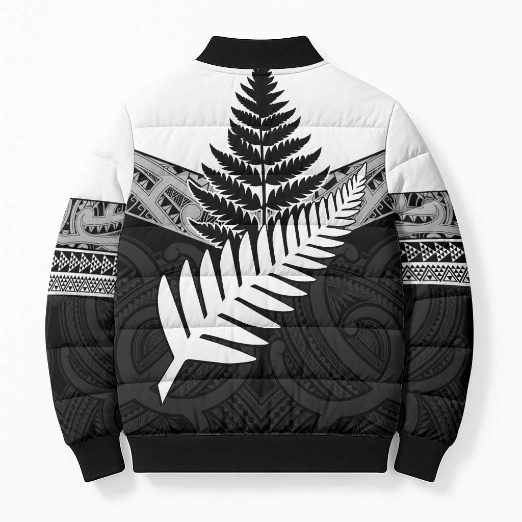 New Zealand Silver Fern Bomber Puffer Jacket Maori Koru Mixed Taniko Pattern - Aussie Hoodie