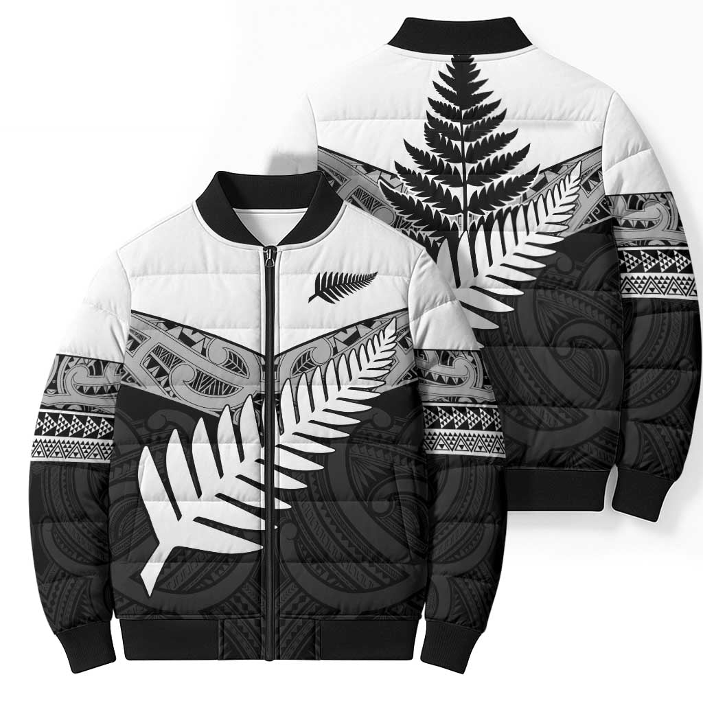 New Zealand Silver Fern Bomber Puffer Jacket Maori Koru Mixed Taniko Pattern - Aussie Hoodie