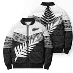 New Zealand Silver Fern Bomber Puffer Jacket Maori Koru Mixed Taniko Pattern - Aussie Hoodie