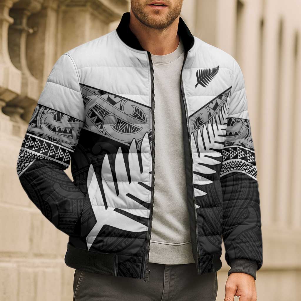 New Zealand Silver Fern Bomber Puffer Jacket Maori Koru Mixed Taniko Pattern - Aussie Hoodie