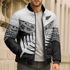 New Zealand Silver Fern Bomber Puffer Jacket Maori Koru Mixed Taniko Pattern - Aussie Hoodie