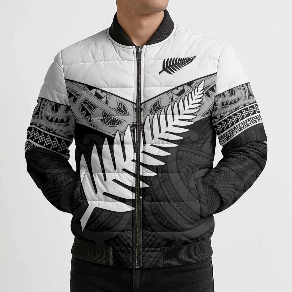 New Zealand Silver Fern Bomber Puffer Jacket Maori Koru Mixed Taniko Pattern - Aussie Hoodie