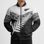 New Zealand Silver Fern Bomber Puffer Jacket Maori Koru Mixed Taniko Pattern - Aussie Hoodie