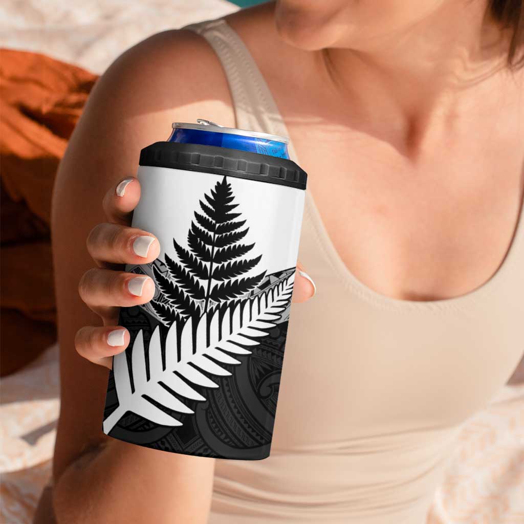 New Zealand Silver Fern 4 in 1 Can Cooler Tumbler Maori Koru Mixed Taniko Pattern