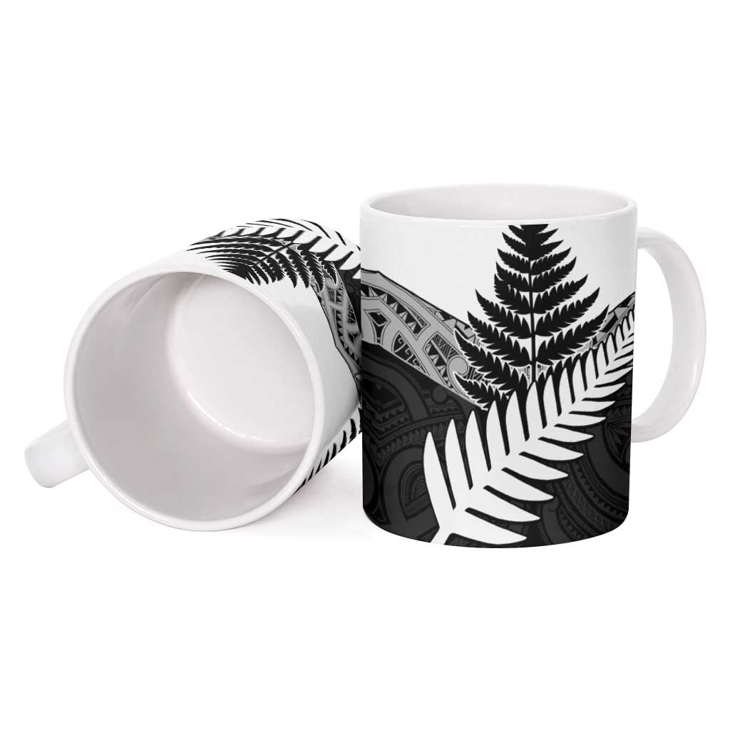 New Zealand Silver Fern Ceramic Mug Maori Koru Mixed Taniko Pattern - Aussie Hoodie
