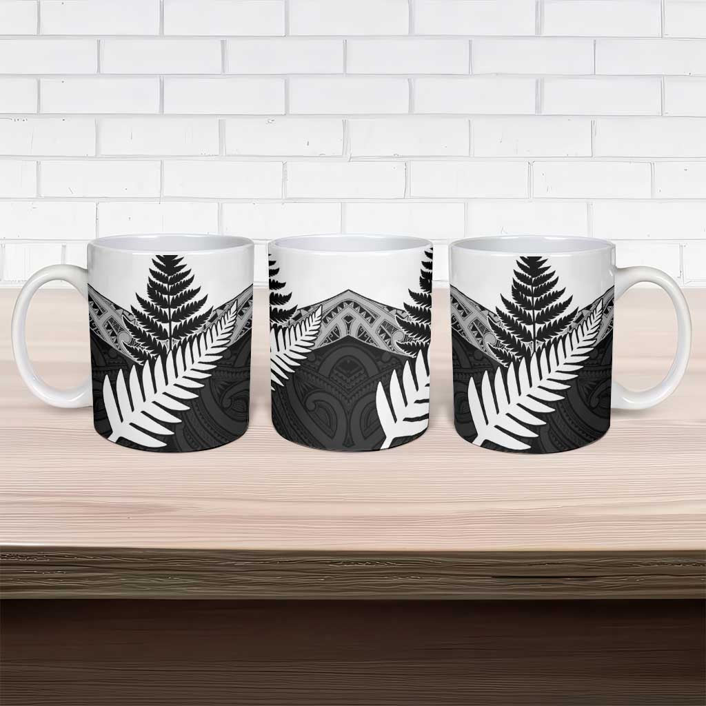 New Zealand Silver Fern Ceramic Mug Maori Koru Mixed Taniko Pattern - Aussie Hoodie