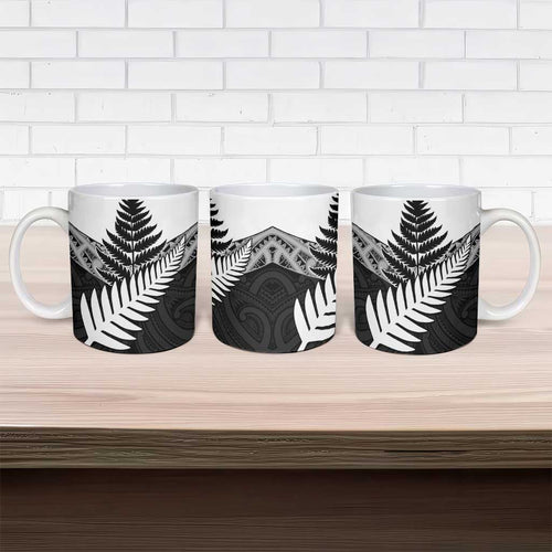 New Zealand Silver Fern Ceramic Mug Maori Koru Mixed Taniko Pattern - Aussie Hoodie