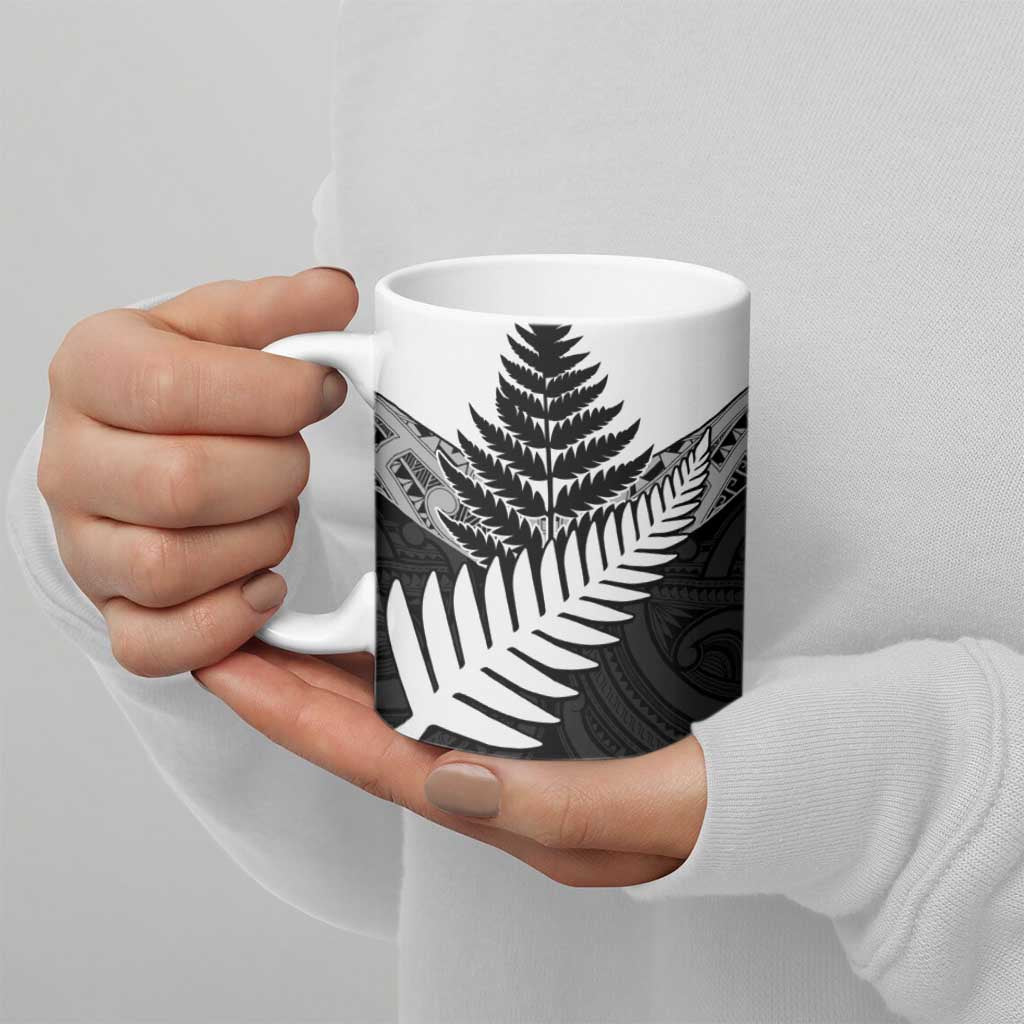 New Zealand Silver Fern Ceramic Mug Maori Koru Mixed Taniko Pattern - Aussie Hoodie