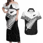 New Zealand Silver Fern Couples Matching Off Shoulder Maxi Dress and Hawaiian Shirt Maori Koru Mixed Taniko Pattern