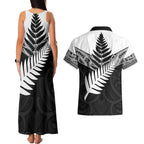 New Zealand Silver Fern Couples Matching Tank Maxi Dress and Hawaiian Shirt Maori Koru Mixed Taniko Pattern