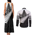 New Zealand Silver Fern Couples Matching Tank Maxi Dress and Long Sleeve Button Shirt Maori Koru Mixed Taniko Pattern
