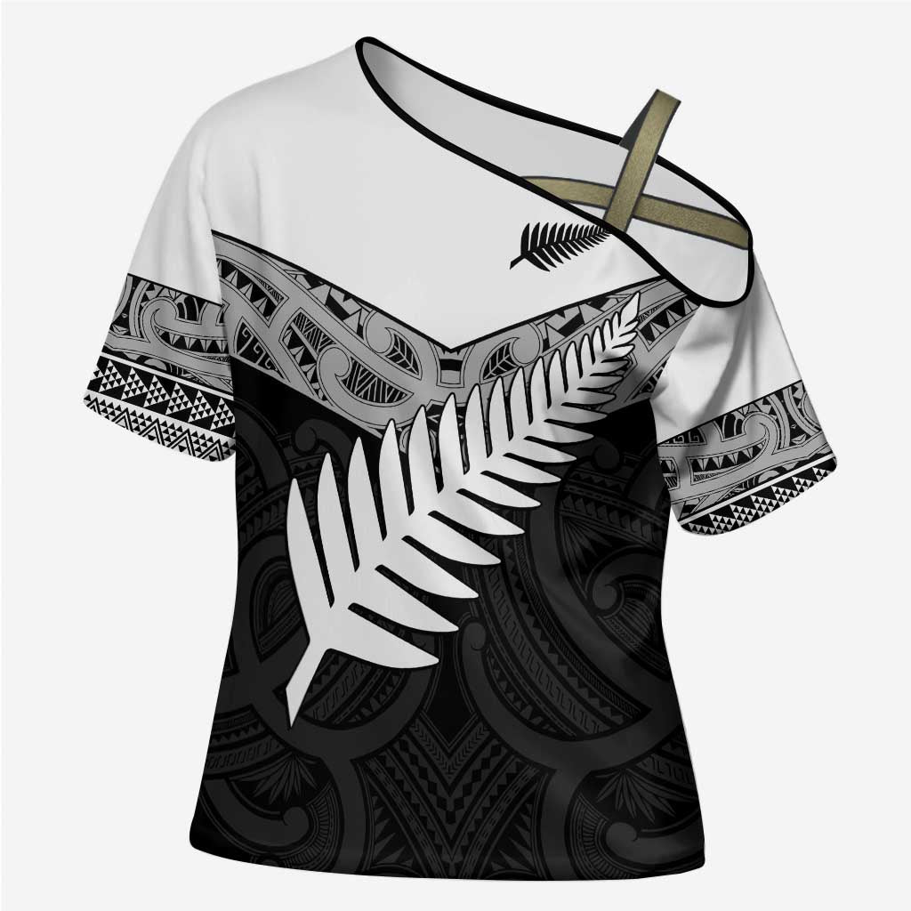 New Zealand Silver Fern Cross Shoulder Shirt Maori Koru Mixed Taniko Pattern - Aussie Hoodie