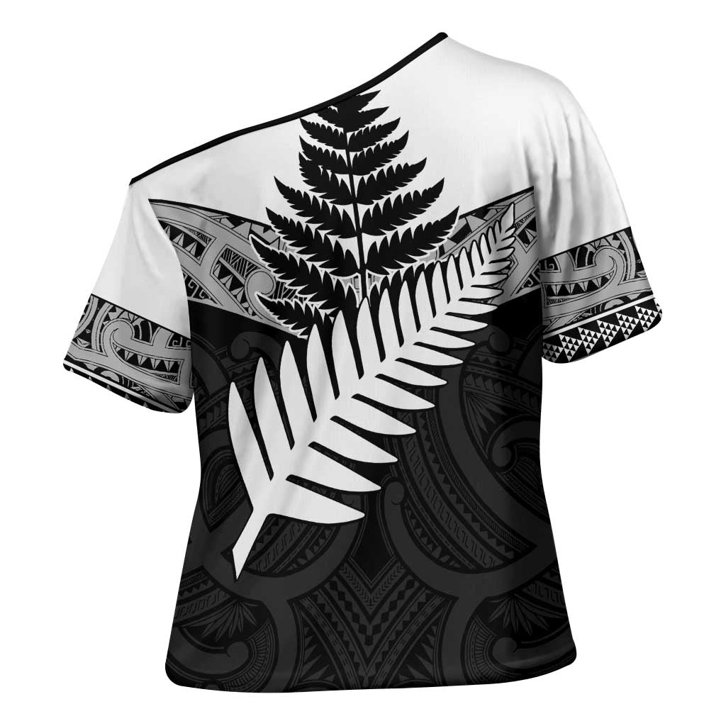 New Zealand Silver Fern Cross Shoulder Shirt Maori Koru Mixed Taniko Pattern - Aussie Hoodie