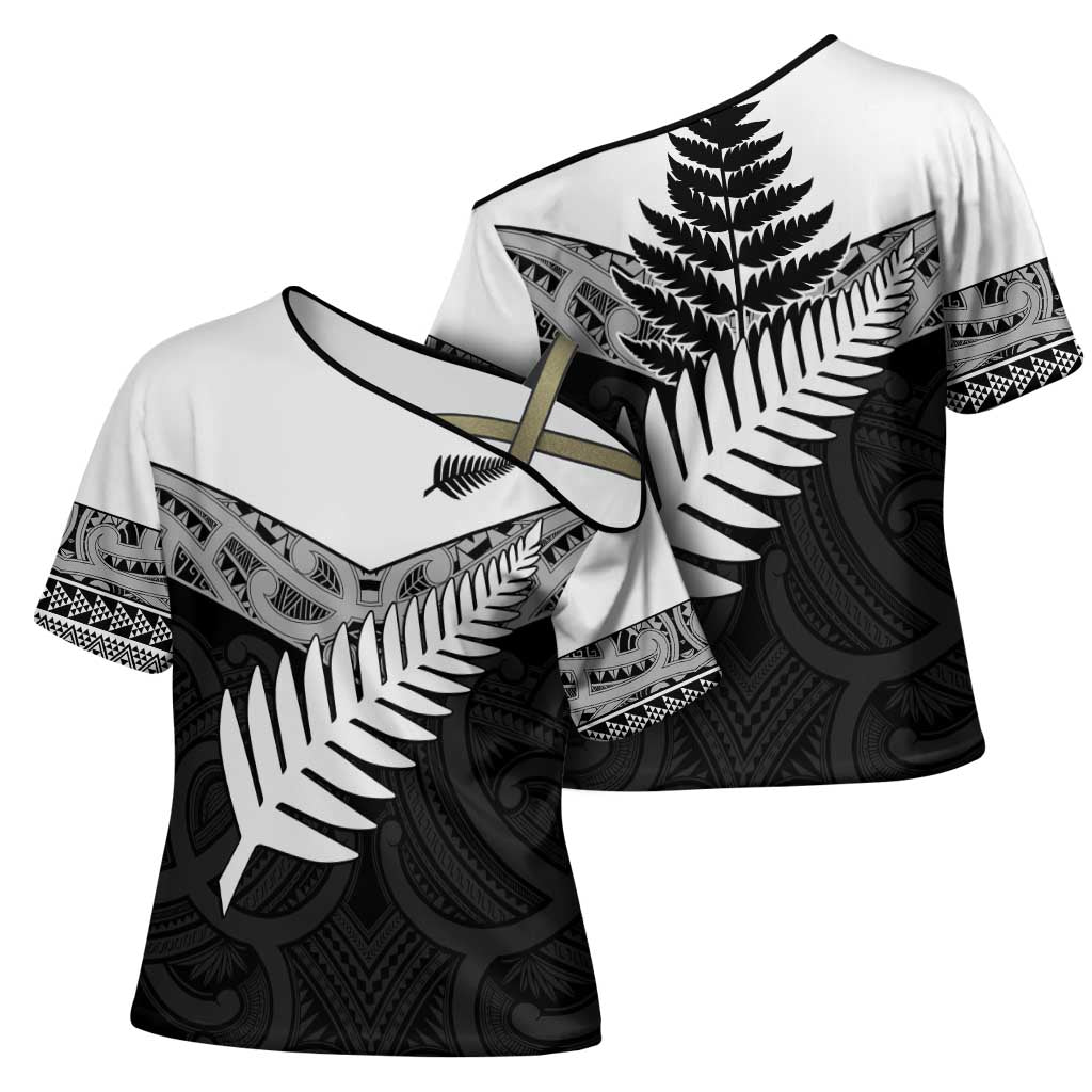 New Zealand Silver Fern Cross Shoulder Shirt Maori Koru Mixed Taniko Pattern - Aussie Hoodie