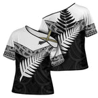 New Zealand Silver Fern Cross Shoulder Shirt Maori Koru Mixed Taniko Pattern - Aussie Hoodie