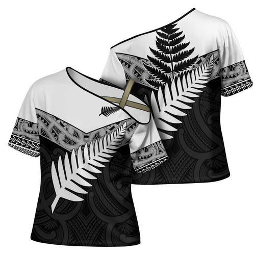 New Zealand Silver Fern Cross Shoulder Shirt Maori Koru Mixed Taniko Pattern - Aussie Hoodie