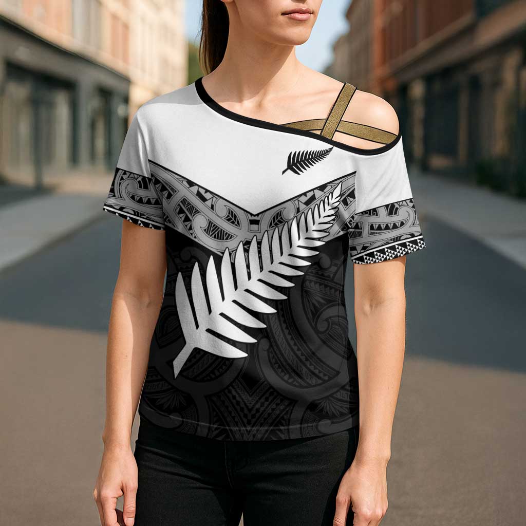 New Zealand Silver Fern Cross Shoulder Shirt Maori Koru Mixed Taniko Pattern - Aussie Hoodie