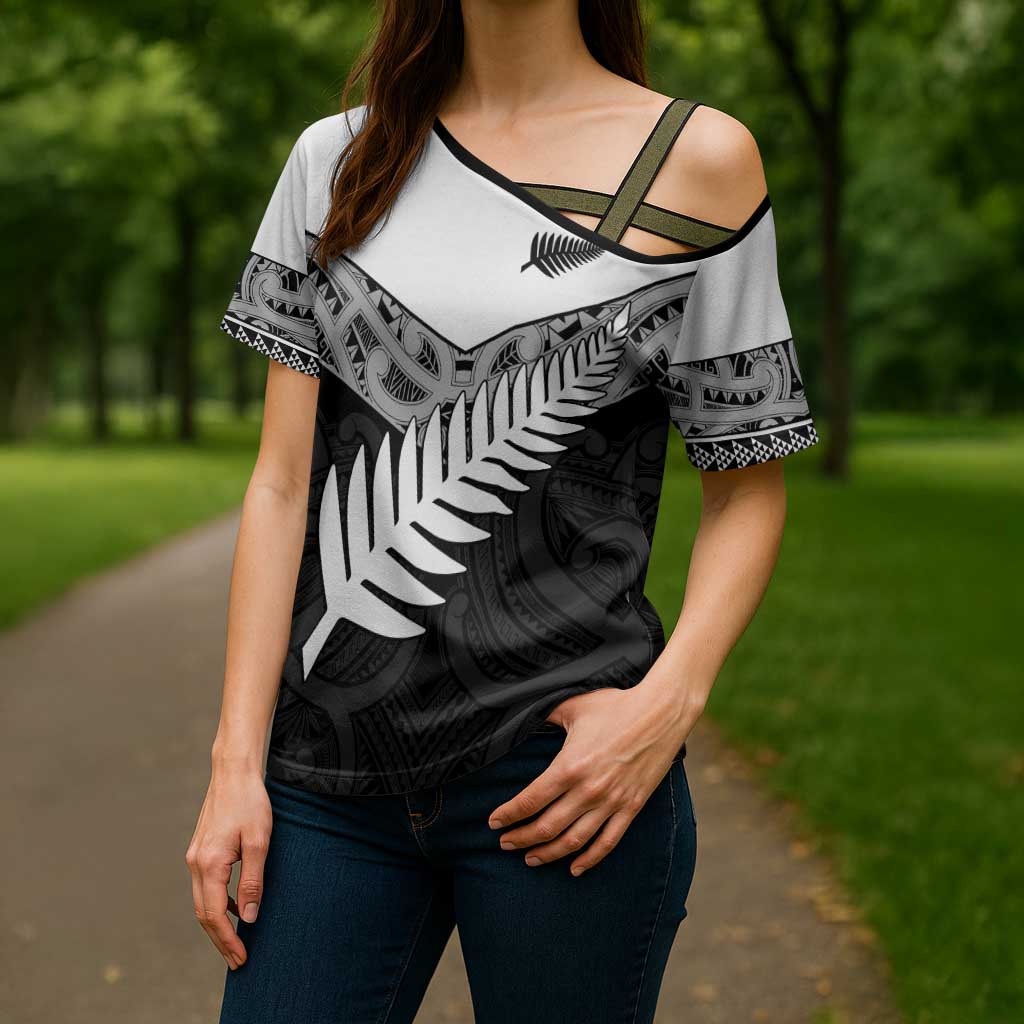 New Zealand Silver Fern Cross Shoulder Shirt Maori Koru Mixed Taniko Pattern - Aussie Hoodie