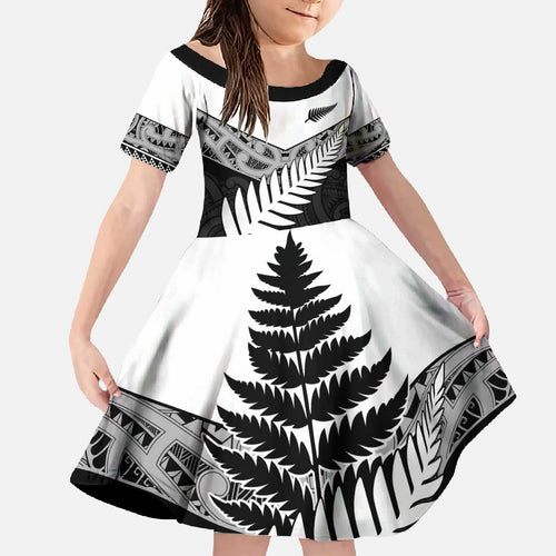 New Zealand Silver Fern Family Matching Off The Shoulder Long Sleeve Dress and Hawaiian Shirt Maori Koru Mixed Taniko Pattern