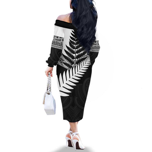 New Zealand Silver Fern Family Matching Off The Shoulder Long Sleeve Dress and Hawaiian Shirt Maori Koru Mixed Taniko Pattern