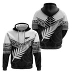New Zealand Silver Fern Hoodie Maori Koru Mixed Taniko Pattern