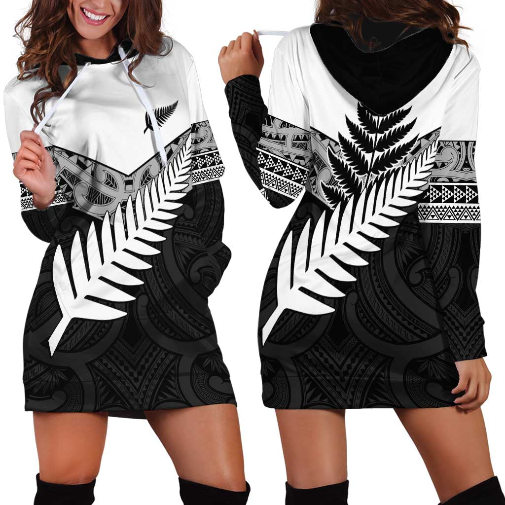 New Zealand Silver Fern Hoodie Dress Maori Koru Mixed Taniko Pattern