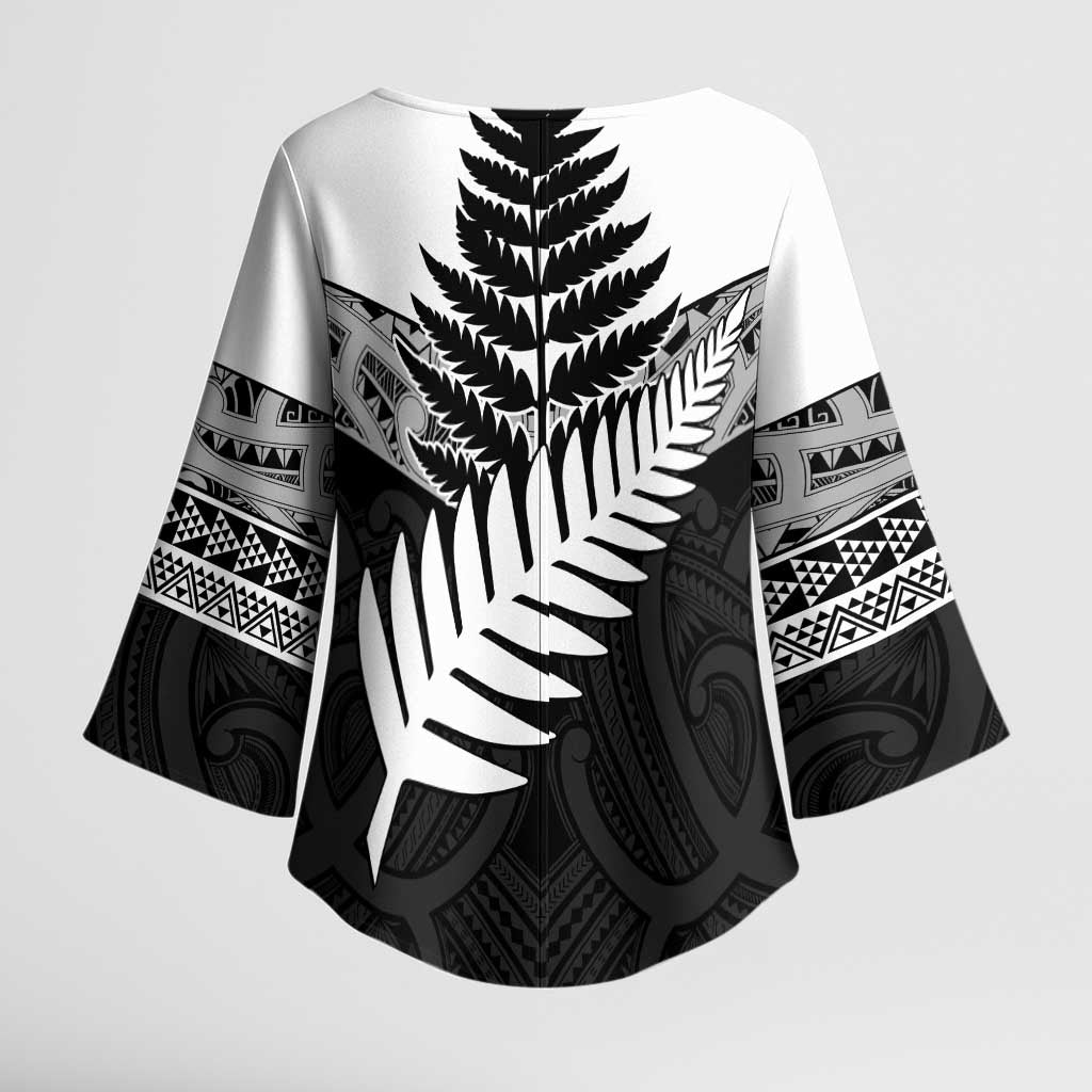 New Zealand Silver Fern Kimono Sleeve Blouse Maori Koru Mixed Taniko Pattern - Aussie Hoodie