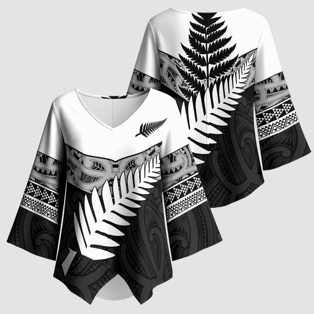 New Zealand Silver Fern Kimono Sleeve Blouse Maori Koru Mixed Taniko Pattern - Aussie Hoodie