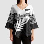 New Zealand Silver Fern Kimono Sleeve Blouse Maori Koru Mixed Taniko Pattern - Aussie Hoodie