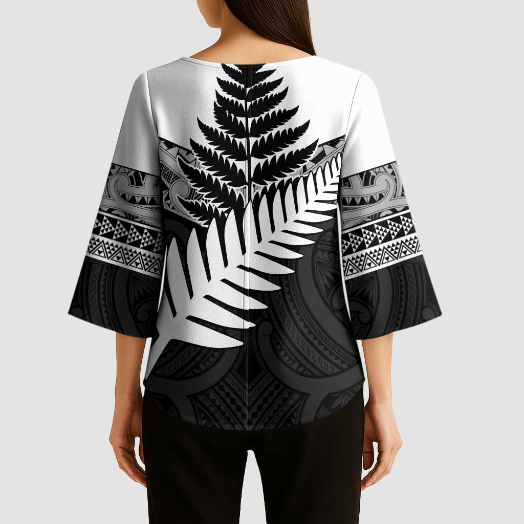 New Zealand Silver Fern Kimono Sleeve Blouse Maori Koru Mixed Taniko Pattern - Aussie Hoodie